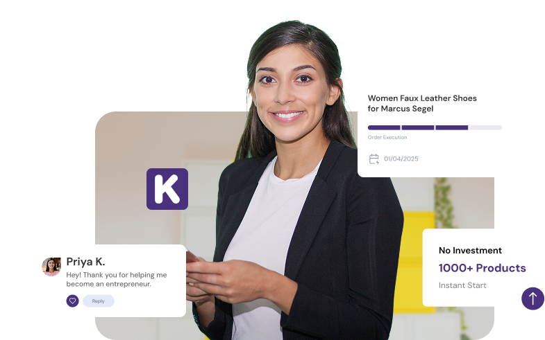 Hero image with woman and UI elements