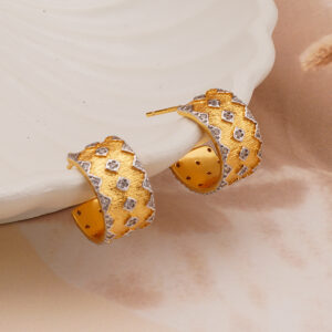 AGOR 925 Silver Gold-Plated Satin Brush Cuff Earrings with CZ Stones