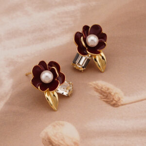 AGOR 925 Silver Maroon Enamel Rose Studs with MOP Center & Dual Leaf Detailing