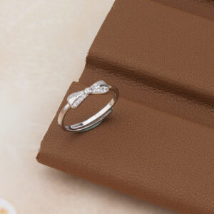 AGOR 925 Silver Dainty Bow Adjustable Ring - CZ Studded Elegance