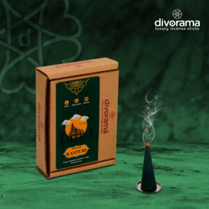 DivoRama Premium Kasturi Dhoop Cones/Musk Dhup Cone - Long Lasting Musky Scent for Home Fragrance/Meditation/Dhoop for Pooja n Happy Vibes with Free Burner Plate- Pack of 100Gm