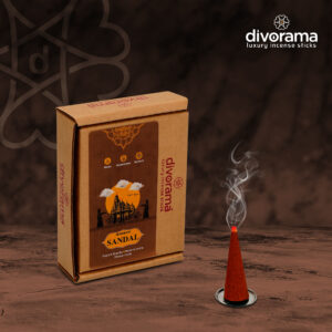 DivoRama Premium Sandalwood Dhoop Cones/Chandan Dhup Cone - Long Lasting Woody Scent for Home Fragrance/Meditation/Dhoop for Pooja n Happy Vibes with Free Burner Plate- Pack of 100Gm