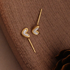 AGOR 925 Silver Gold Plated White Enamel Heart Stud Earrings