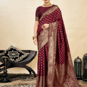AXONIT Women's Silk Blend Banarasi Jacquard Classic Motif Design Saree with Unstitched Blouse Piece - Maroon