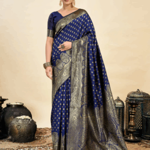 AXONIT Women's Silk Blend Banarasi Jacquard Classic Motif Design Saree with Unstitched Blouse Piece - Navy Blue