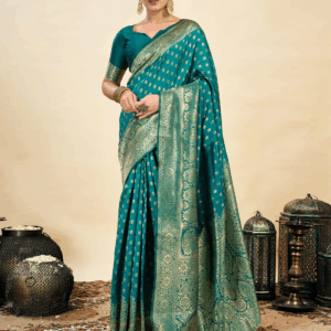 AXONIT Women's Silk Blend Banarasi Jacquard Classic Motif Design Saree with Unstitched Blouse Piece - Teal